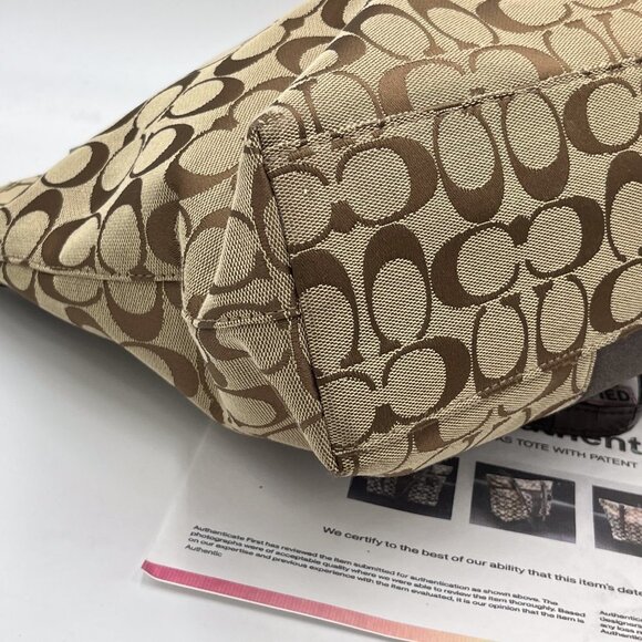 Authenticated Coach Signature Canvas Tote Patent Leather Trim Tan/Brown F28504 - Picture 7 of 15